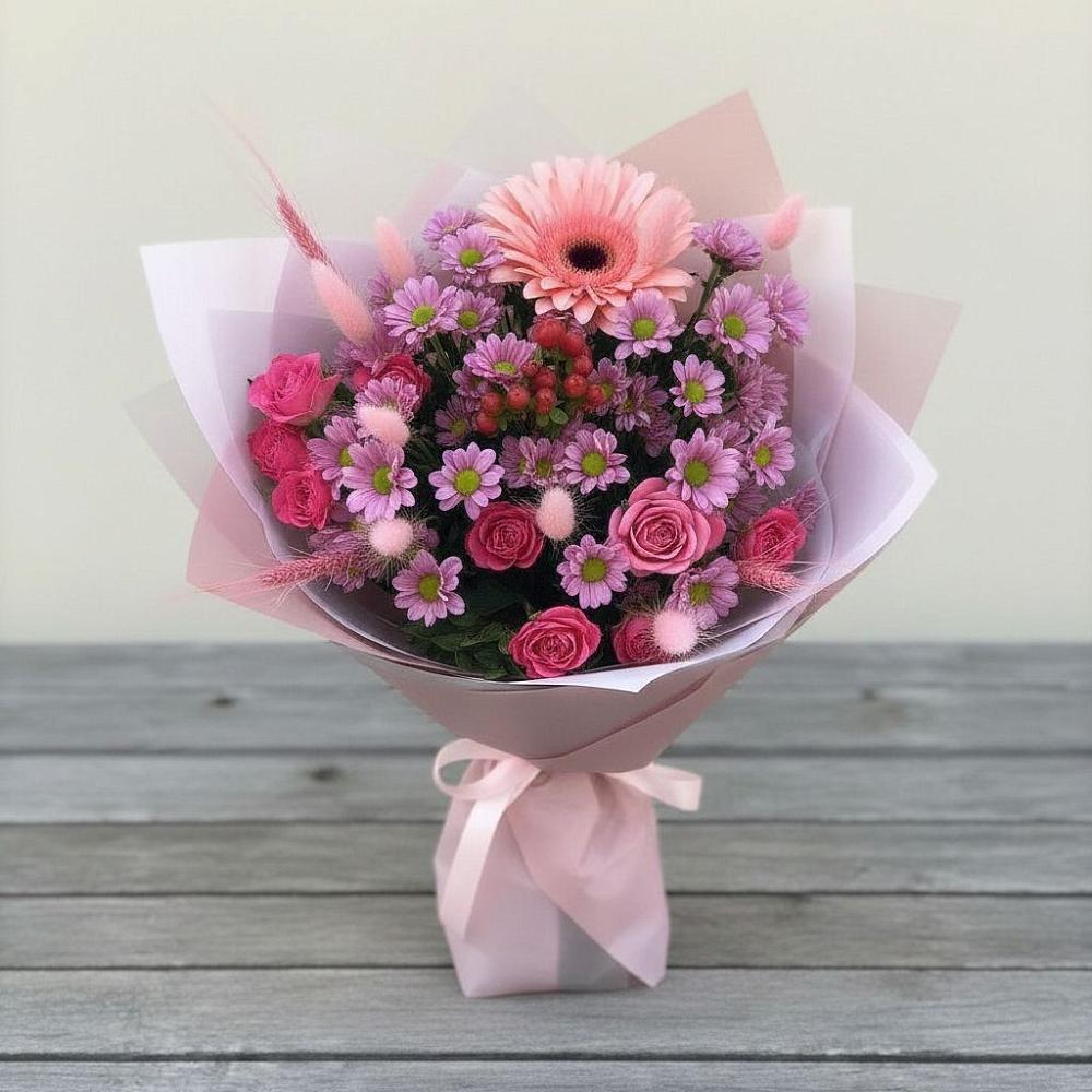 Букет цветов из: Розы, Герберы и Хризантемы в Кикнур