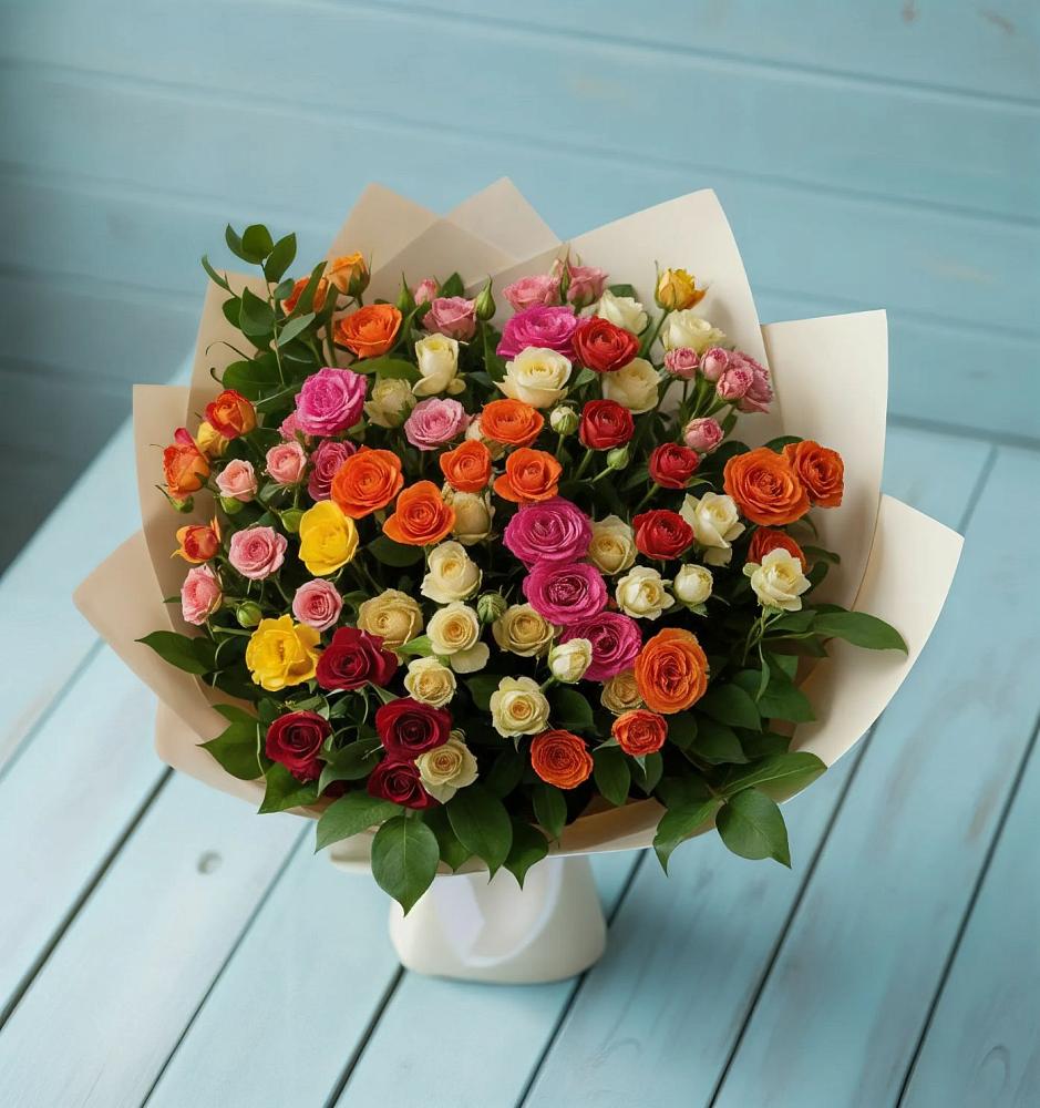 Букет Микс из разноцветных кустовых роз в Кикнур
